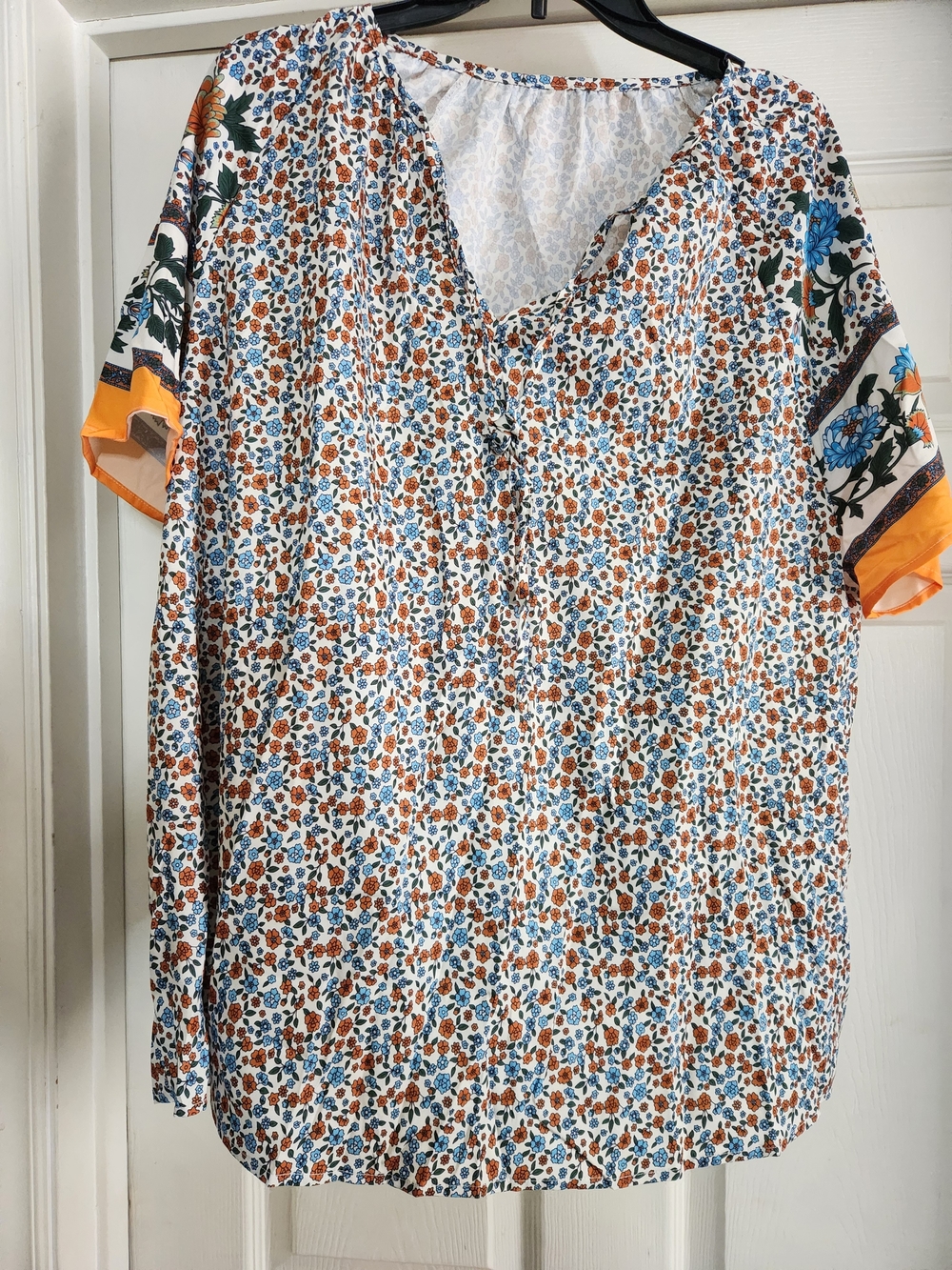 Women's Floral V-Neck Blouse - White with Blue & Tan Floral Print